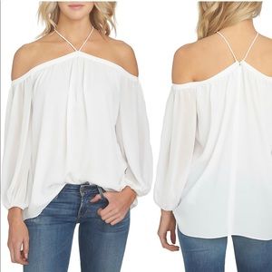 1.STATE Off the Shoulder Sheer Chiffon Blouse